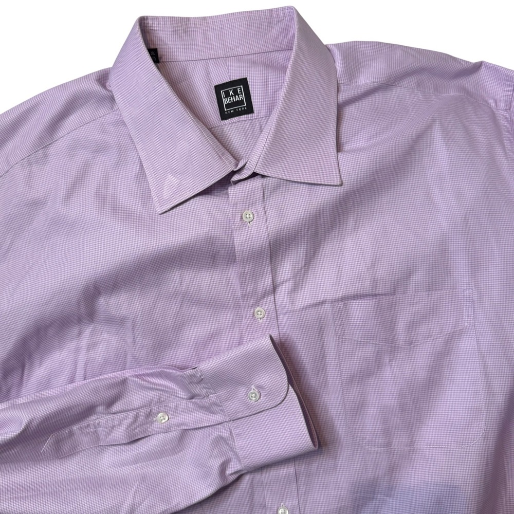 Ike Behar Dress Shirt Mens 19 36/37 Tall Purple Micro Check Cotton Button Down